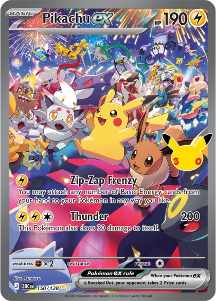 Pikachu ex Night Special Illustration Rare, 30th Celebration 150/128